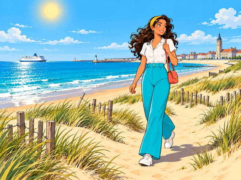 Asmaa devant la mer du Nord et les dunes de Calais.
