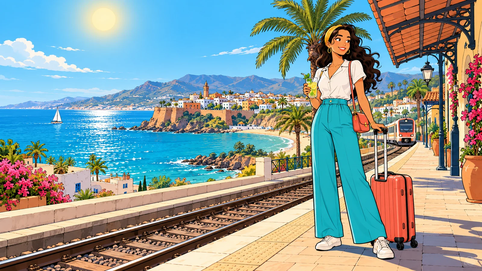 Asmaa sourit sur un quai face à la mer, avec sa valise et une limonade.
