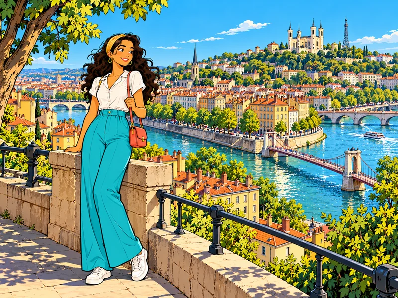 Asmaa à Lyon, avec Fourvière et les deux fleuves.