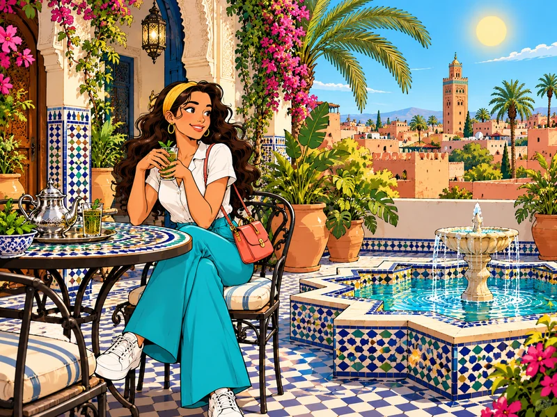 Asmaa dans un riad marocain aux zelliges bleus.