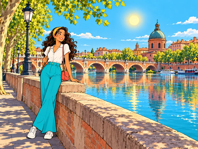 Asmaa devant les briques roses et la Garonne à Toulouse.